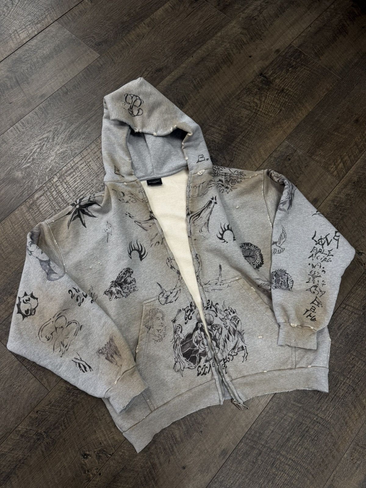 Balenciaga TATTOO HOODIE GREY ZIP UP | Grailed