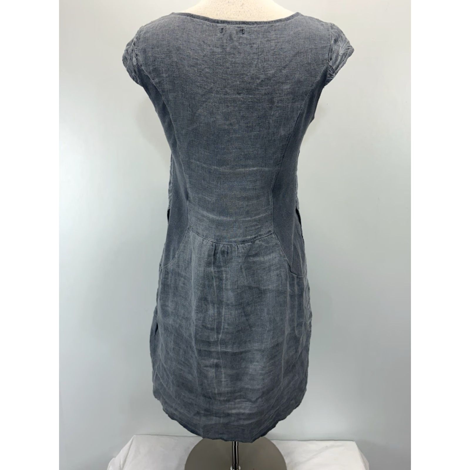 B Sides LINA TOMEI Embroidered Linen Dress Small Grey/Blue Short Sleeve Women's Italy Casual Size S / US 4 / IT 40 - 3 Thumbnail