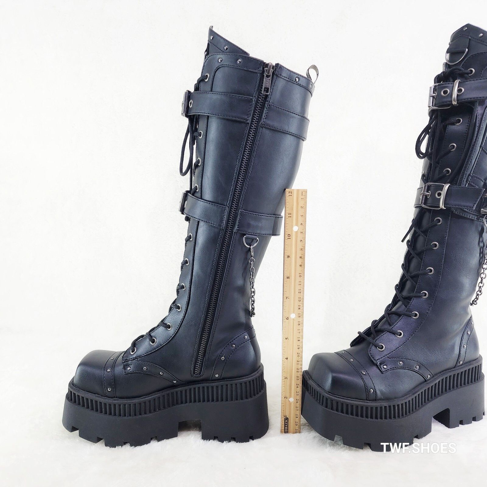 Demonia Cult DEMONIA Wicked Wrath Square Toe Goth Lace Up Knee High Boots Size US 10 / IT 40 - 4 Thumbnail
