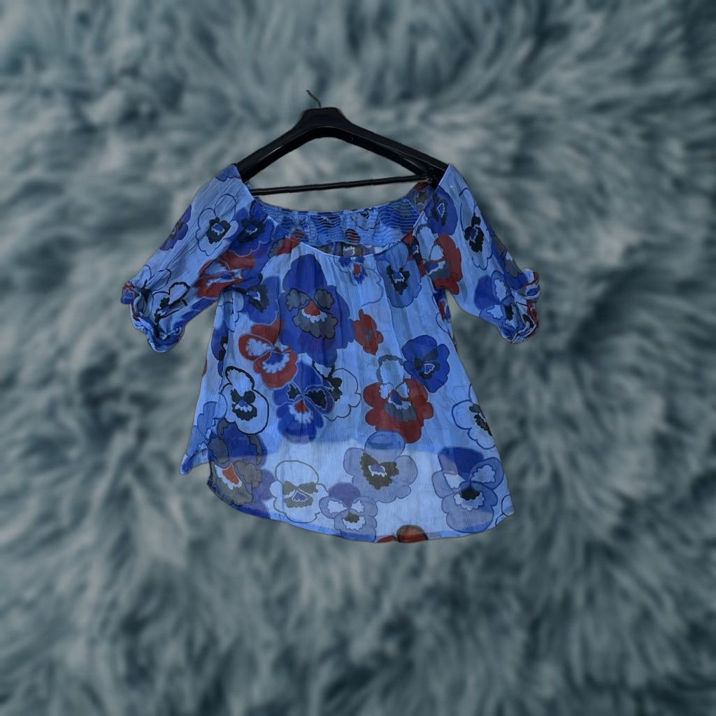 Feit FEI Anthropologie Off the Shoulder Blouse Silk Chiffon Floral Blue Size 2 Women 100% Silk 2 Size XS / US 0-2 / IT 36-38 - 1 Thumbnail