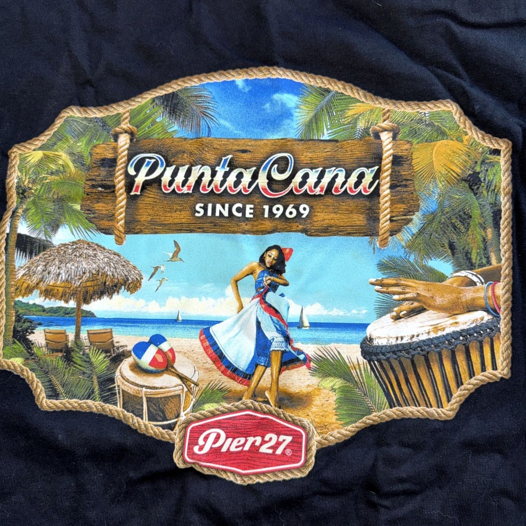 Vintage Pier 27 Punta Cana T Shirt Men’s Large Black Beach Vacation Graphic Canvas Cotton Shirt Mens | Beach Vacation 90s? Size US L / EU 52-54 / 3 - 2 Thumbnail