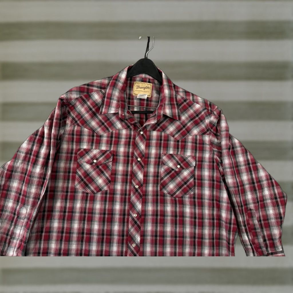 Wrangler VINTAGE Wrangler Western Shirt Mens 2XL Maroon Red Plaid Pearl Snap Cowboy Long Sleeve Pockets Size US XXL / EU 58 / 5 - 1 Thumbnail