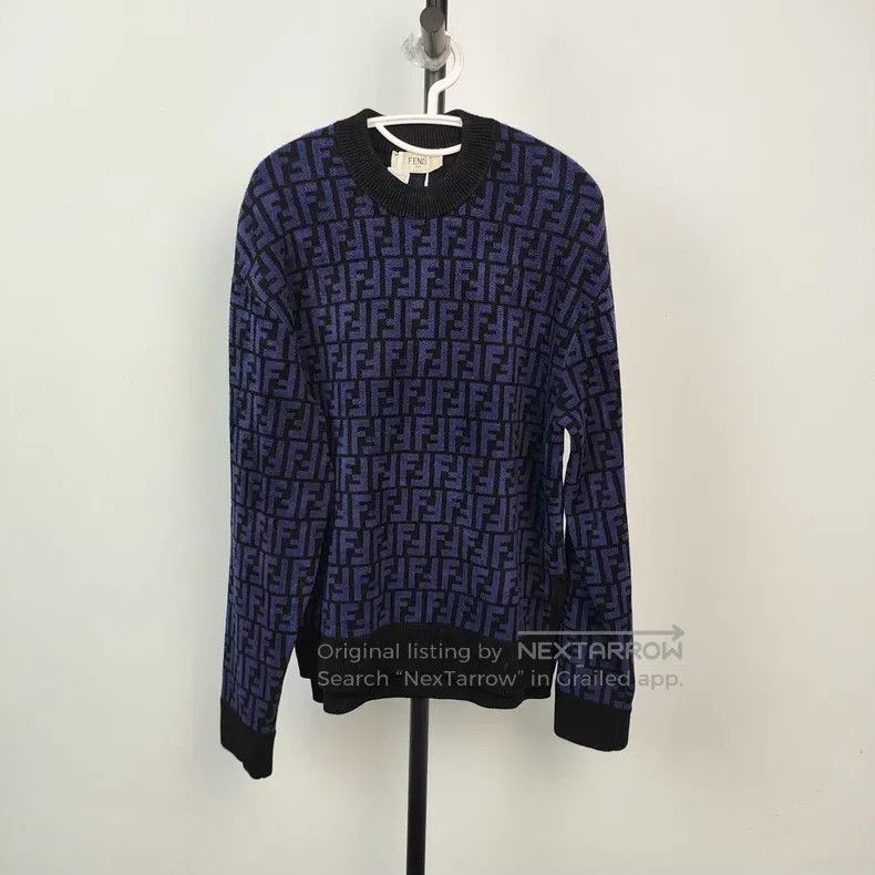 Fendi Fendi Blue knitted sweater with all-over printed logo Size S / US 4 / IT 40 - 1 Thumbnail