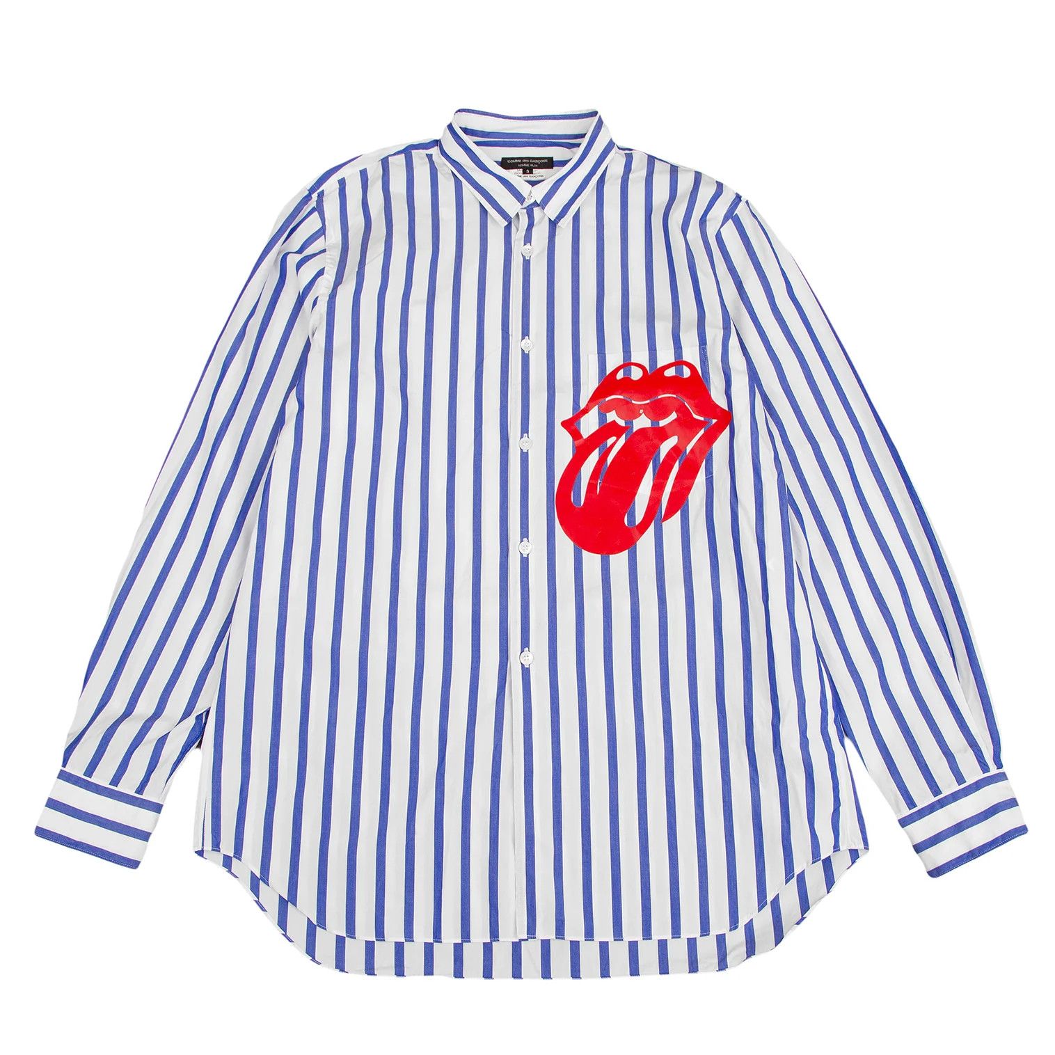 Comme des Garcons Homme Plus Rolling Stones Lip and Tongue Print Stripe Shirt White Blue Size US S / EU 44-46 / 1 - 1 Thumbnail