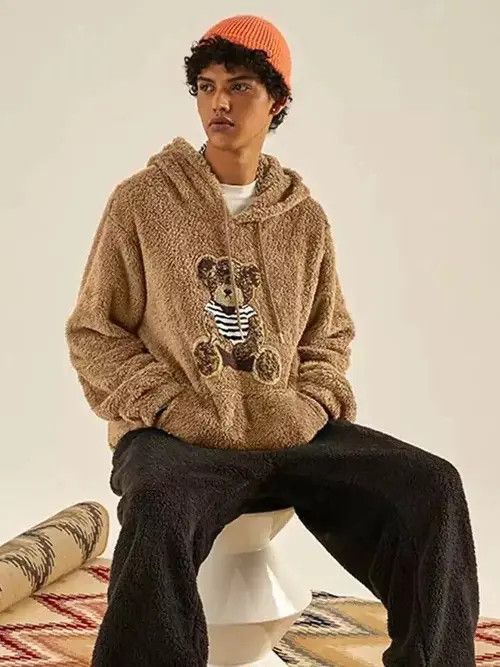 image of Vintage Hooded Hoodies For Men Fluffy Teddy Bear in Brown, Women's