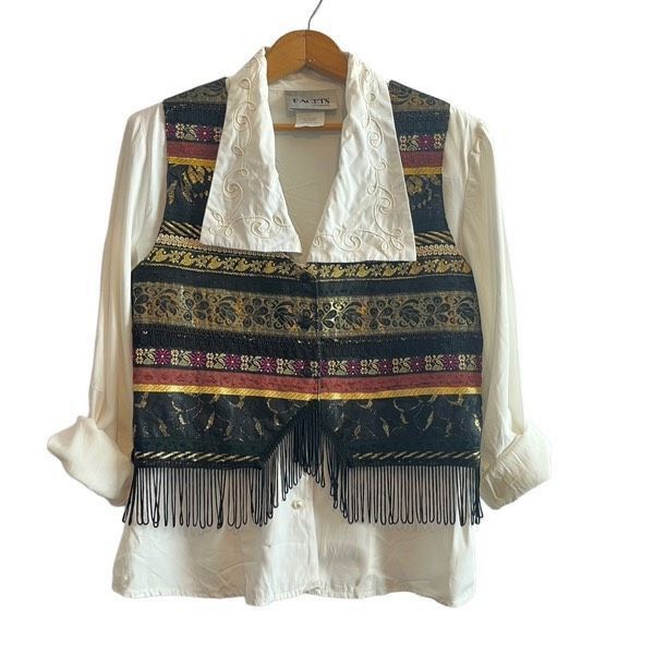 Vintage Joujou metallic tapestry fringe vintage vest Size L / US 10 / IT 46 - 4 Thumbnail