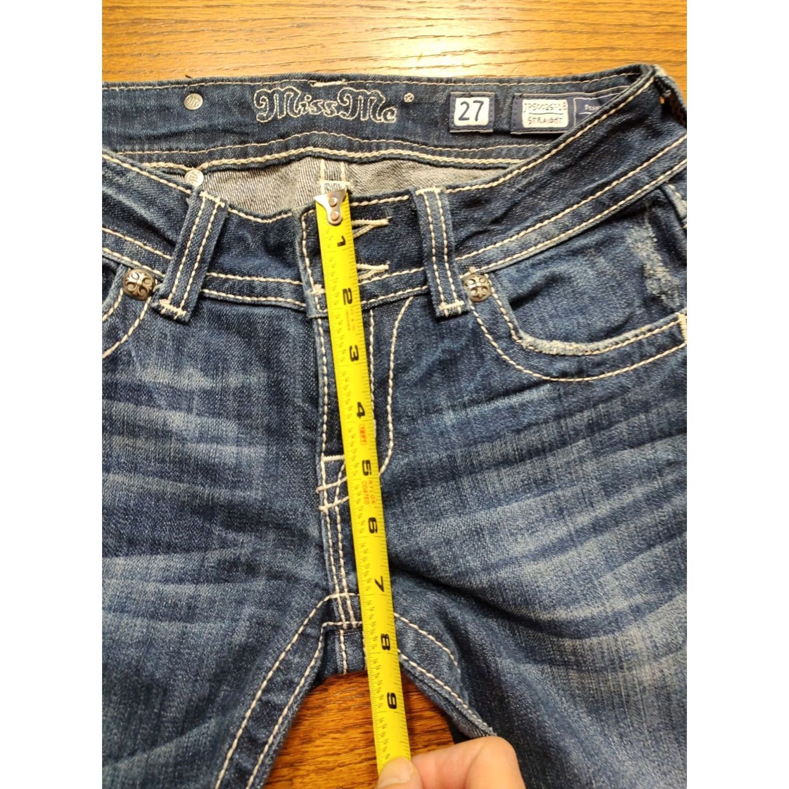 Miss Me Miss Me Jeans Size 27 Straight Denim 5-Pocket Embellished Rhinestone Low Rise Biker Flap Pocket Blue Womens Size 27" / US 4 / IT 40 - 7 Thumbnail