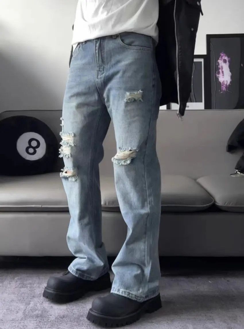Designer × Japanese Brand Street wash ripped straight wide leg jeans Size US 34 / EU 50 - 1 Thumbnail