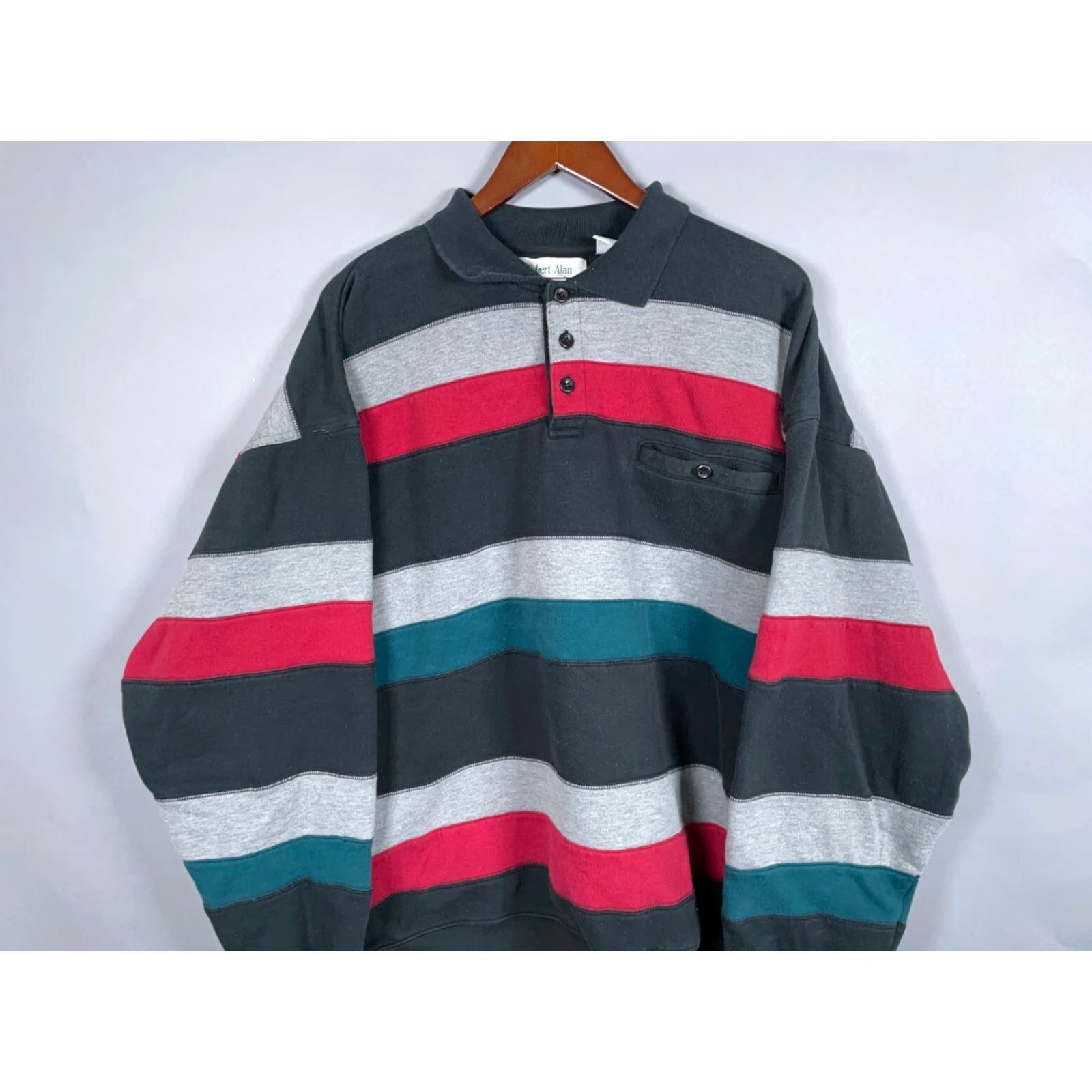 Vintage VINTAGE Robert Alan Sweater Shirt XL Black Gray Striped Collared Heavyweight 90s Pullover Men’s Size US XL / EU 56 / 4 - 4 Thumbnail