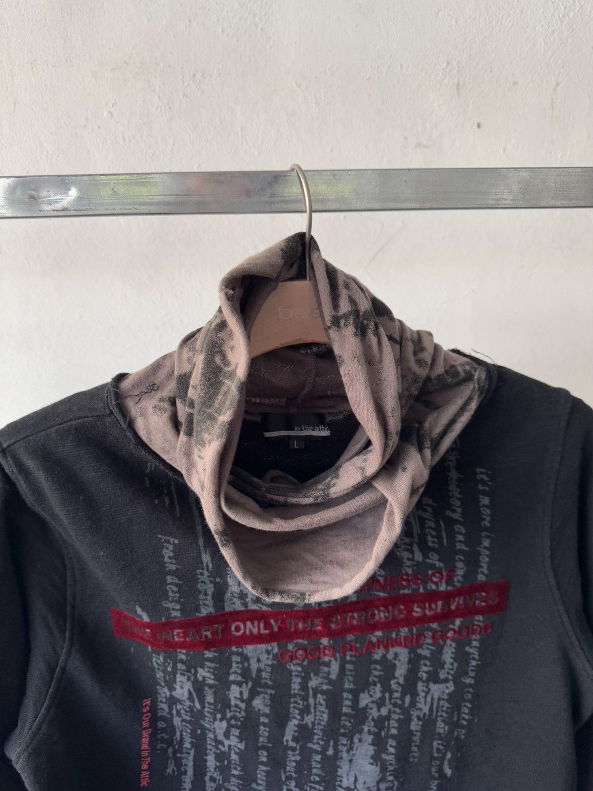 00s in the attic velvet poem cowl neck distressed sweater