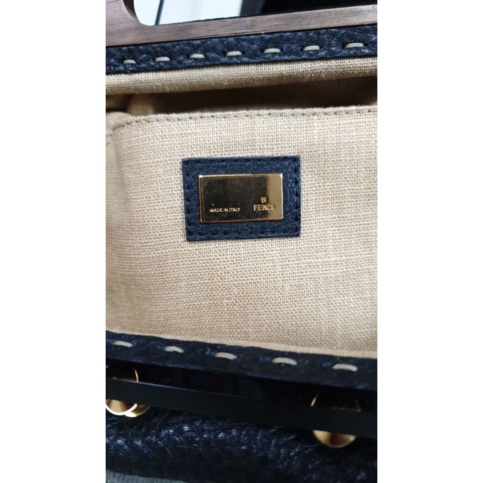 Fendi Fendi Black Leather Walnut Wood Handle Clutch Bag Size ONE SIZE - 7 Thumbnail
