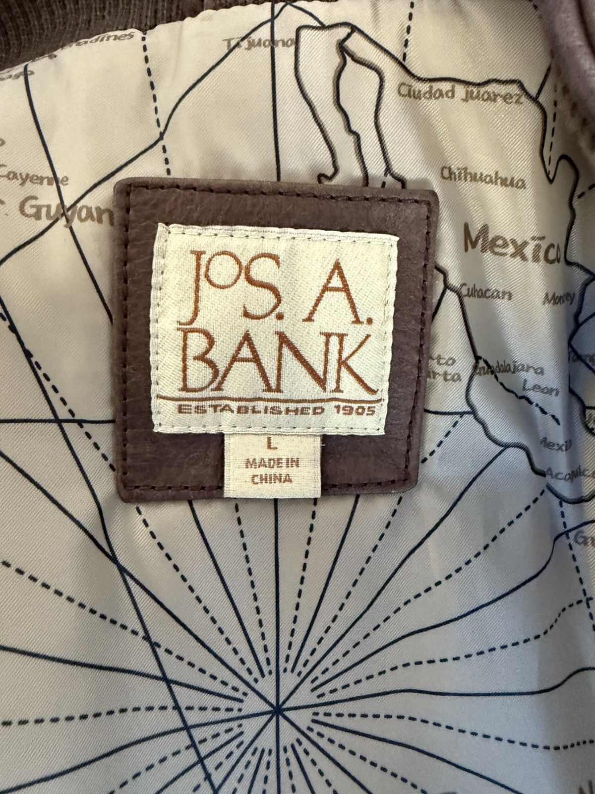Jos. A. Bank Jos. A. Bank Brown Leather Bomber Jacket L– Map Print Lining Size US L / EU 52-54 / 3 - 3 Thumbnail