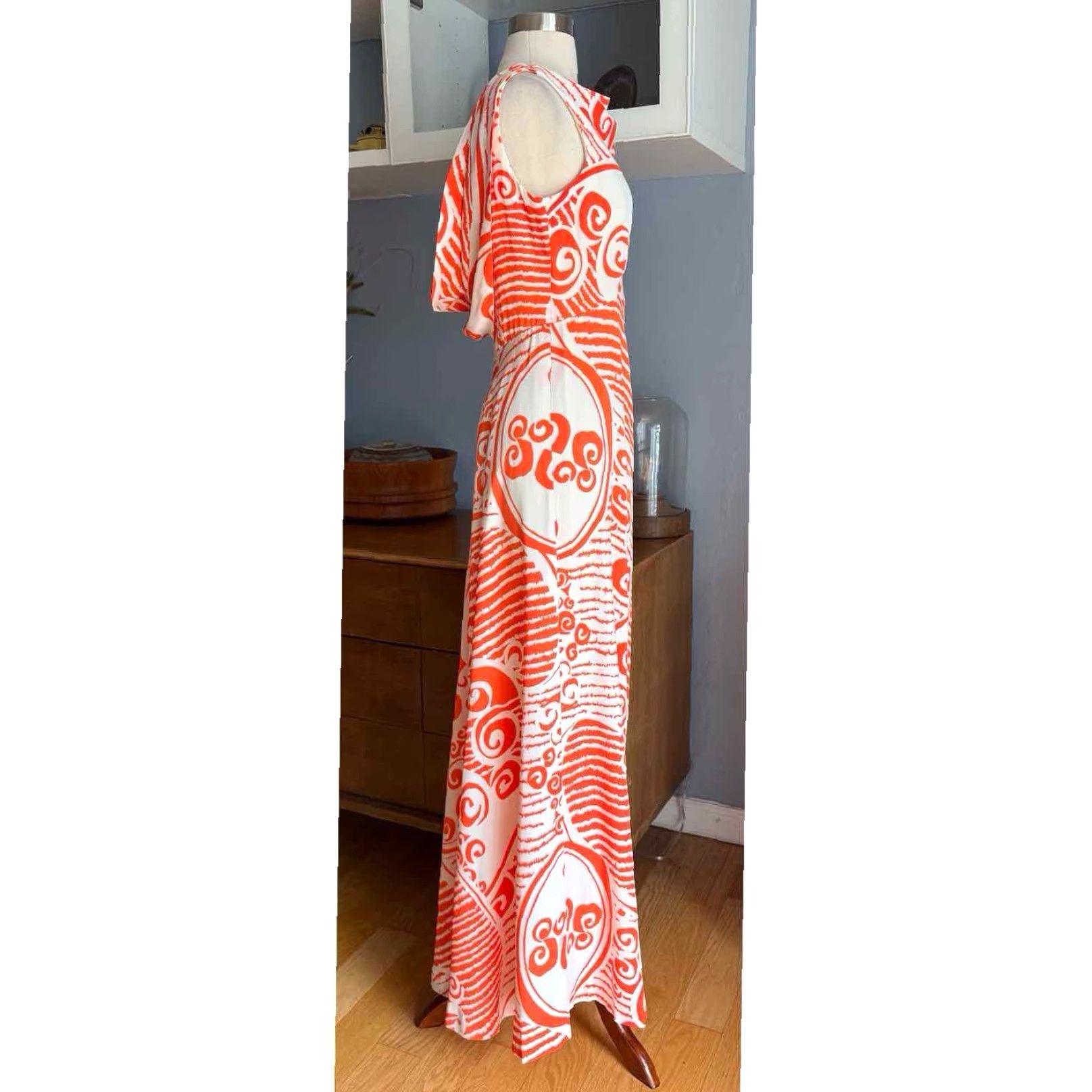Avenue VINTAGE Young Dimension Saks Fifth Avenue Maxi Dress S/M Orange/White 70s Psychedelic Retro Sleeveless V-Neck Pullover Long Dress Womens Boys? Size S / US 4 / IT 40 - 4 Thumbnail