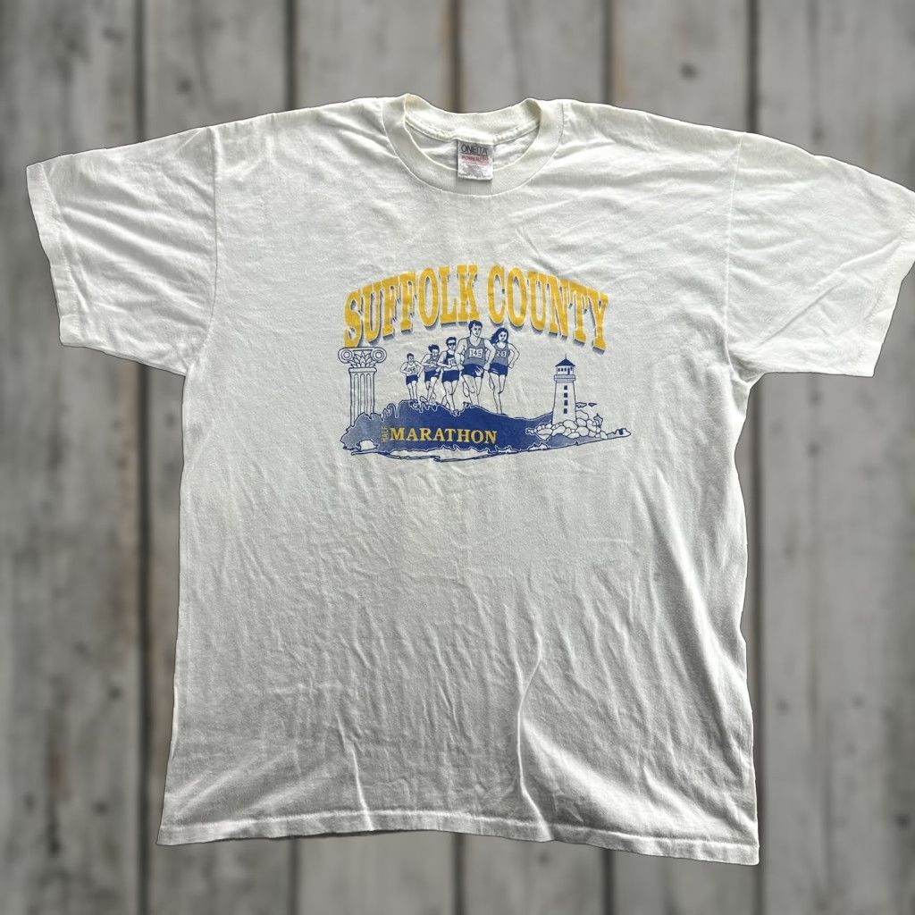 Vintage VINTAGE Oneita Suffolk County Half Marathon Shirt Mens XL White Short Sleeve Graphic Print Run Nike Allstate MetLife USA 90s Size US XL / EU 56 / 4 - 1 Thumbnail