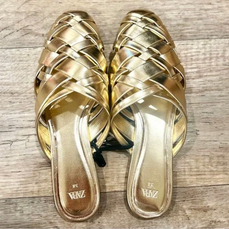 Zara ZARA Gold Woven Metallic Flat Mules NWT Size US 7.5 / IT 37.5 - 13 Thumbnail