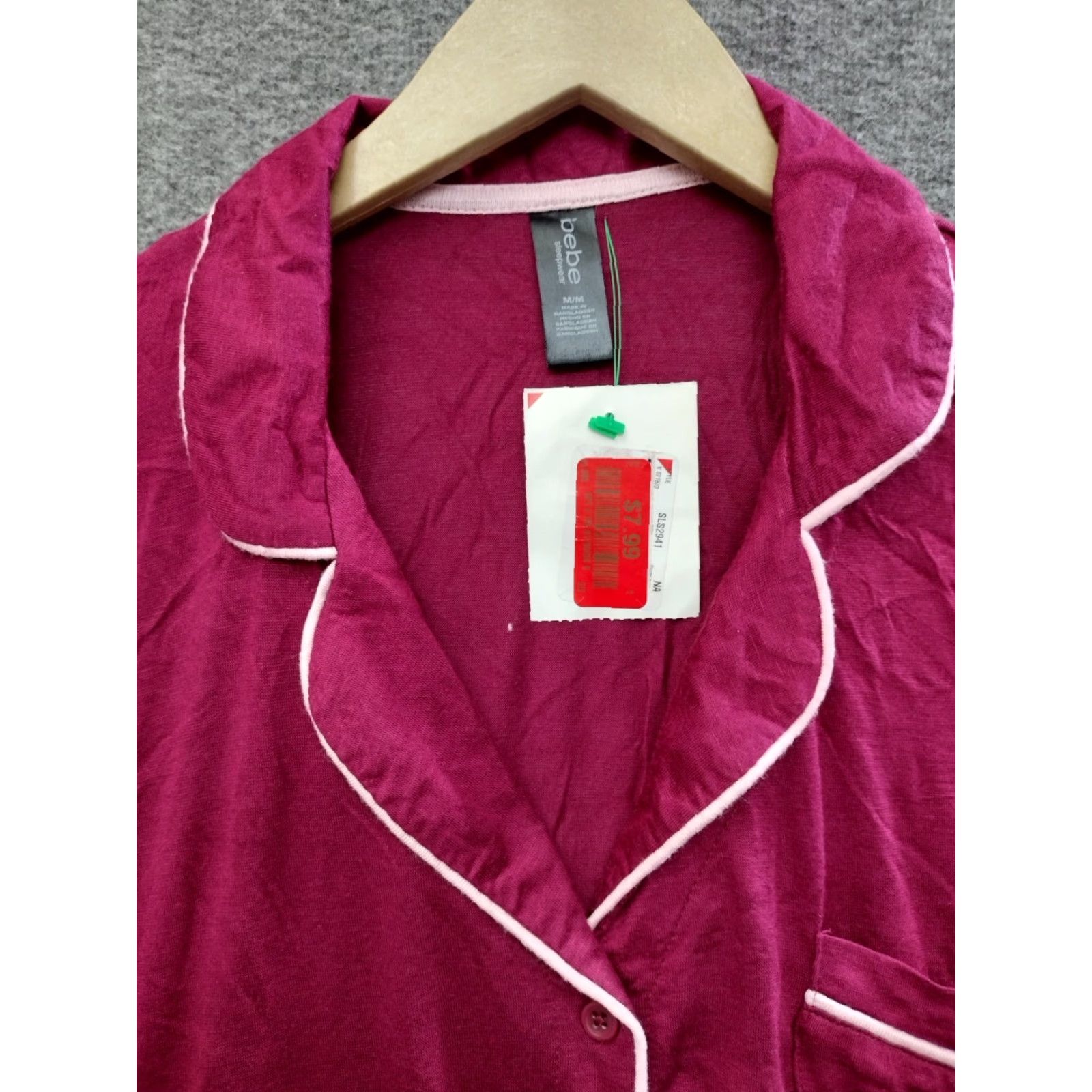 Bebe Bebe Womens Pajama Top - Red Button Shirt Sleeve Sleepwear M - V-Neck, Blended Fabric, White Trim - Classic Sleepwear Top (Adult) Size M / US 6-8 / IT 42-44 - 3 Thumbnail
