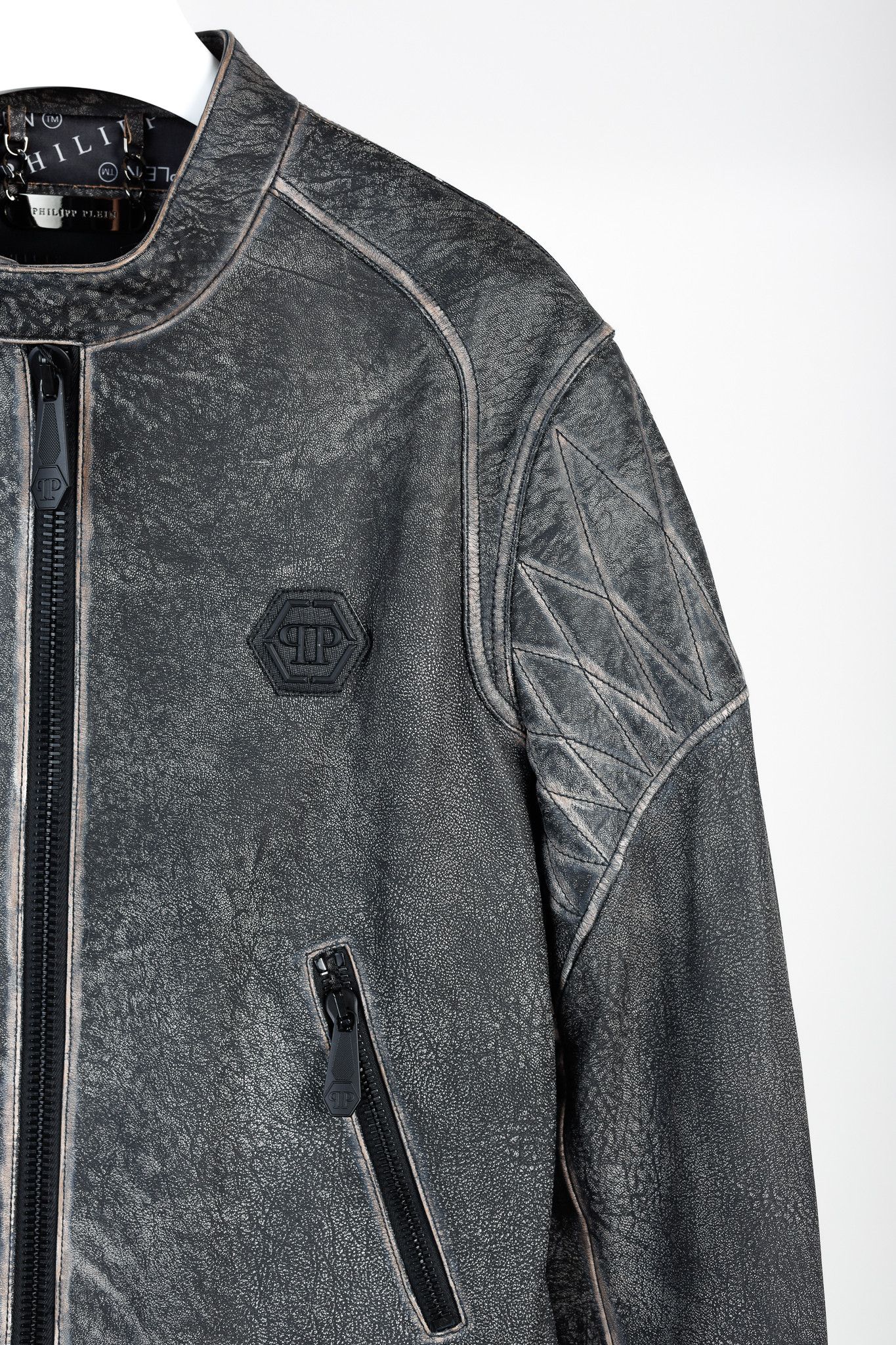 Philipp Plein Philipp Plein Grey Black Skull Leather Moto Jacket Size US XXL / EU 58 / 5 - 7 Thumbnail