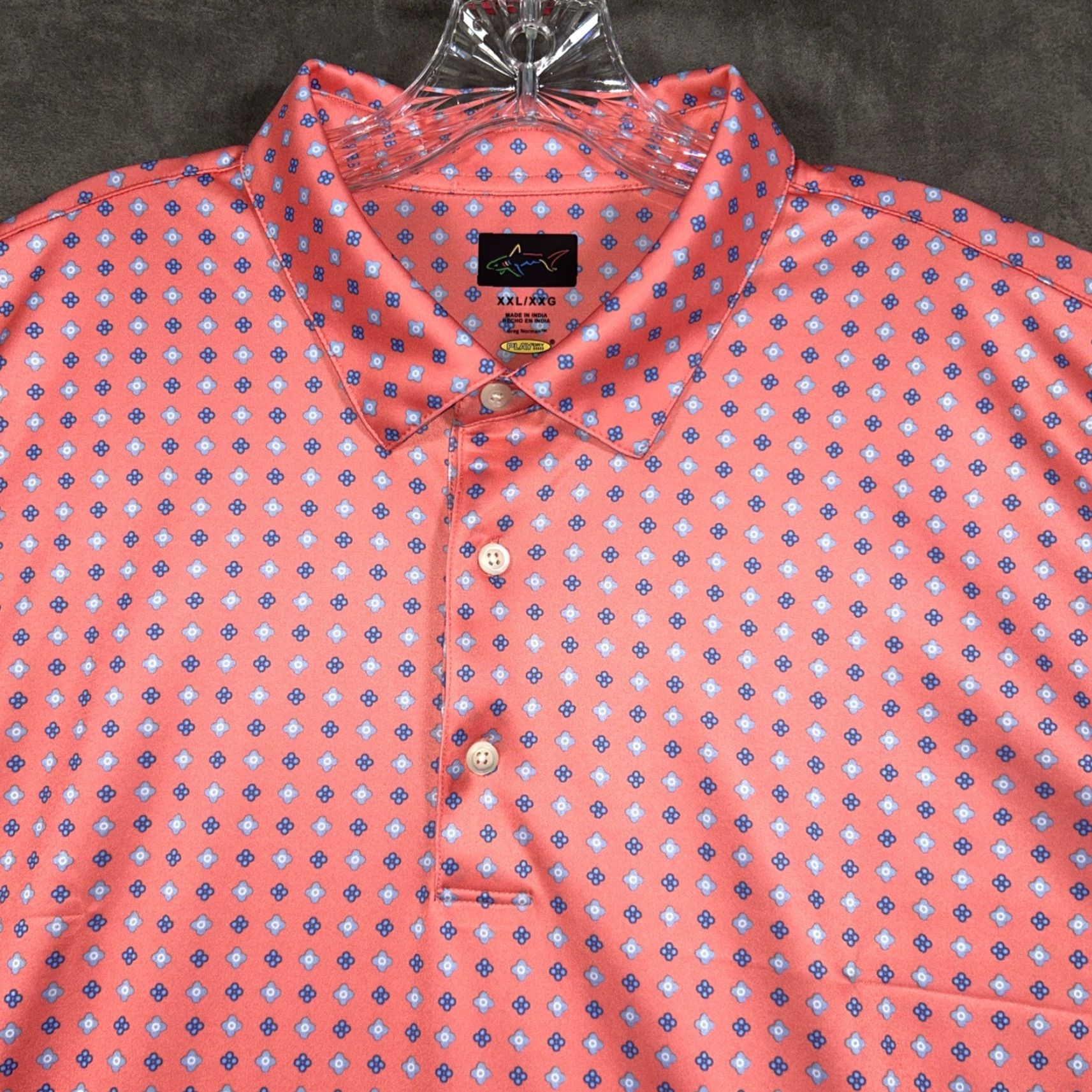 Vintage Greg Norman Mens XXL Golf Polo Salmon Floral Pattern Performance Stretch PlayDry Size US XXL / EU 58 / 5 - 2 Thumbnail