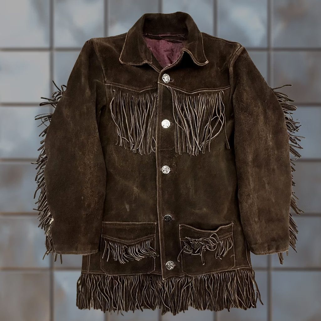 Vintage VINTAGE Suede Leather Fringe Jacket Mens Medium Brown Western Native Rancher 40s Jacket Coat Size US M / EU 48-50 / 2 - 1 Thumbnail