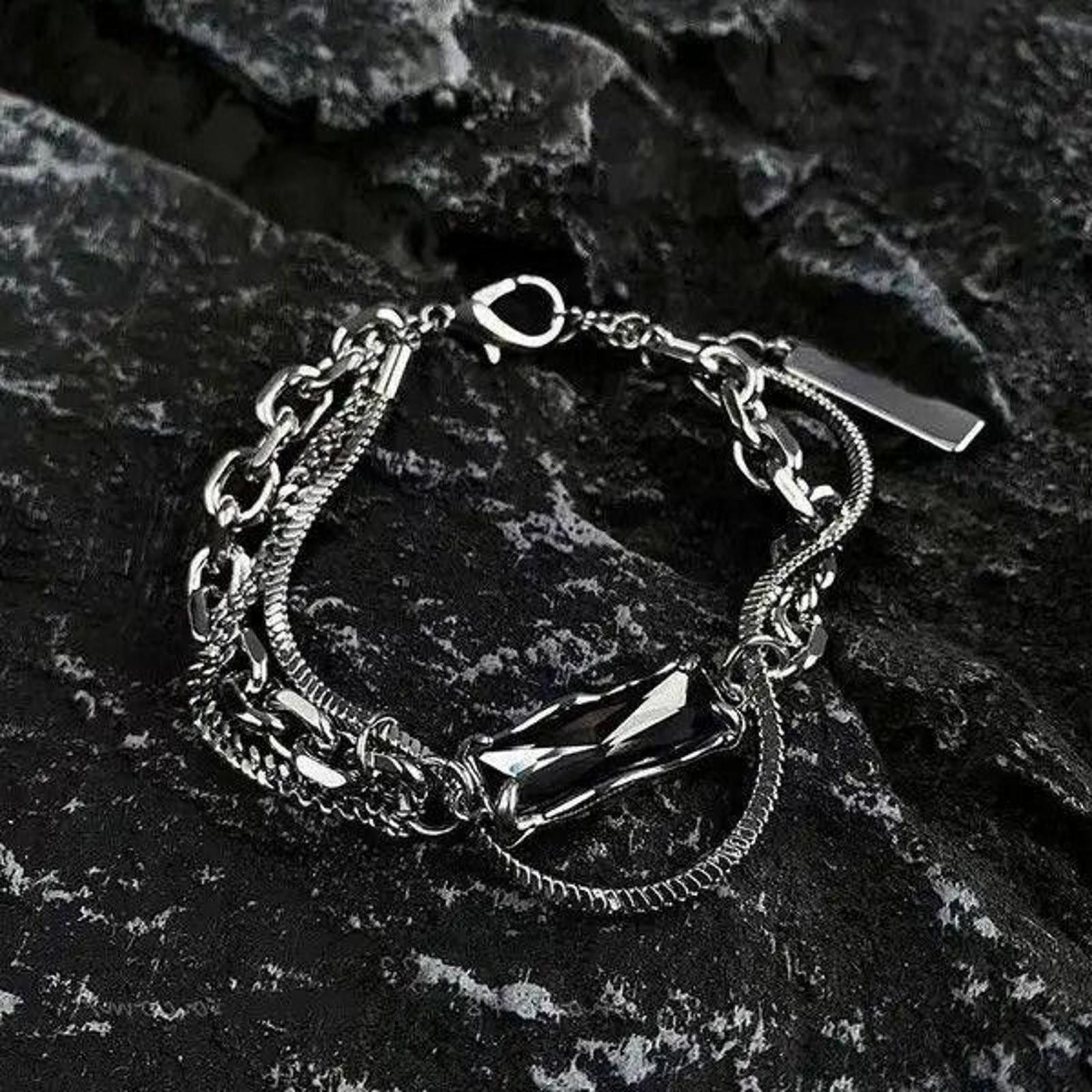 Jewelry Titanium Steel Layered Black Crystal Charm Bracelet for Men Size ONE SIZE - 4 Thumbnail