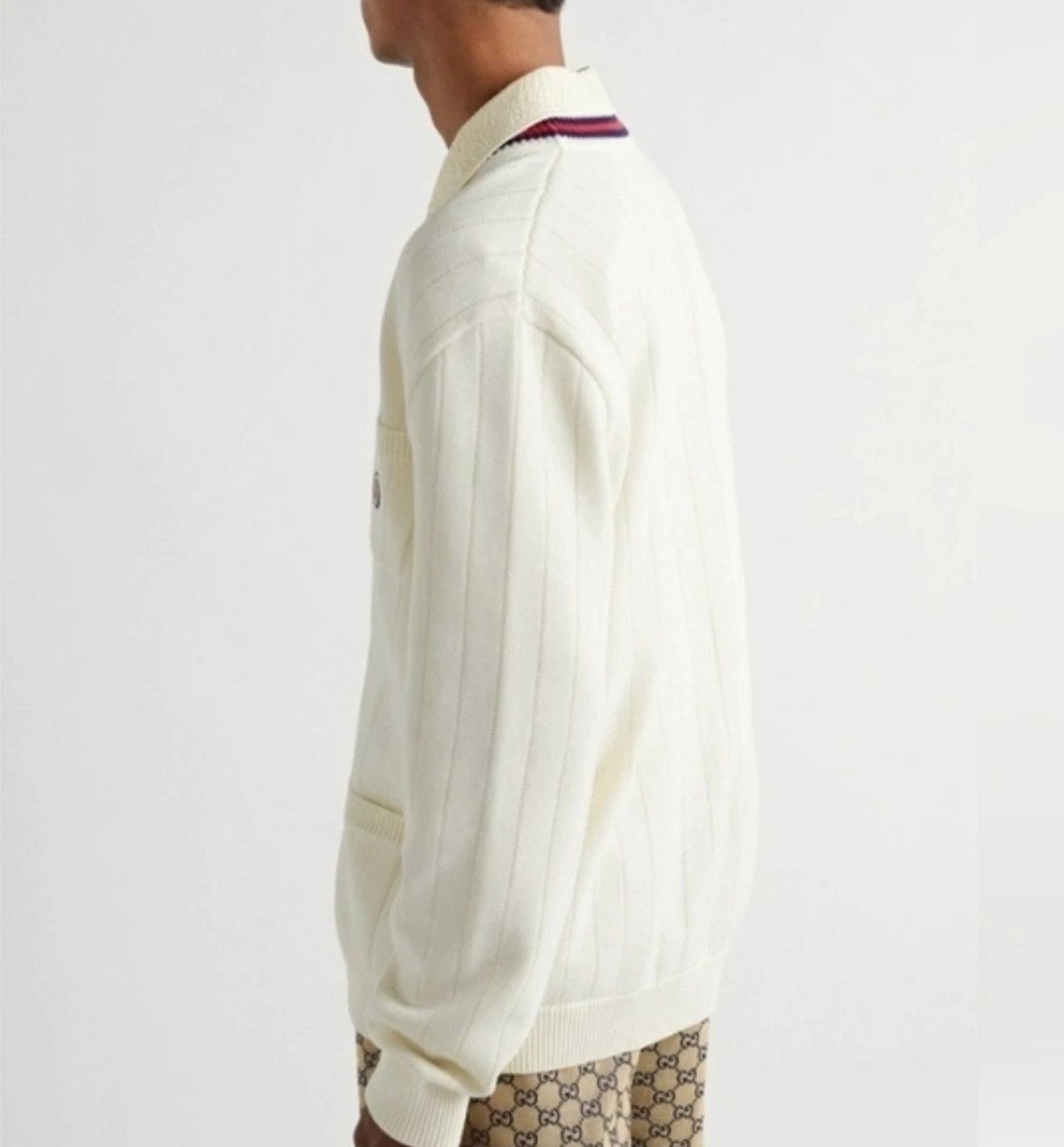 Gucci Gucci Men's Ivory Cable-Knit Cardigan XXL Stripe Trim Logo Size US XXL / EU 58 / 5 - 3 Thumbnail