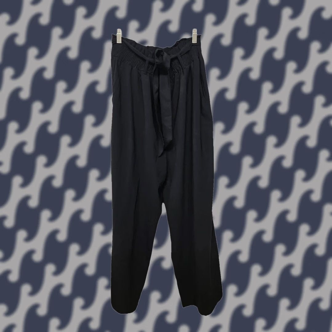 Vintage Women's Pants Black Paperbag Waist Drawstring Wide Leg Comfort Large Size 36" / US 14 / IT 50 - 1 Thumbnail