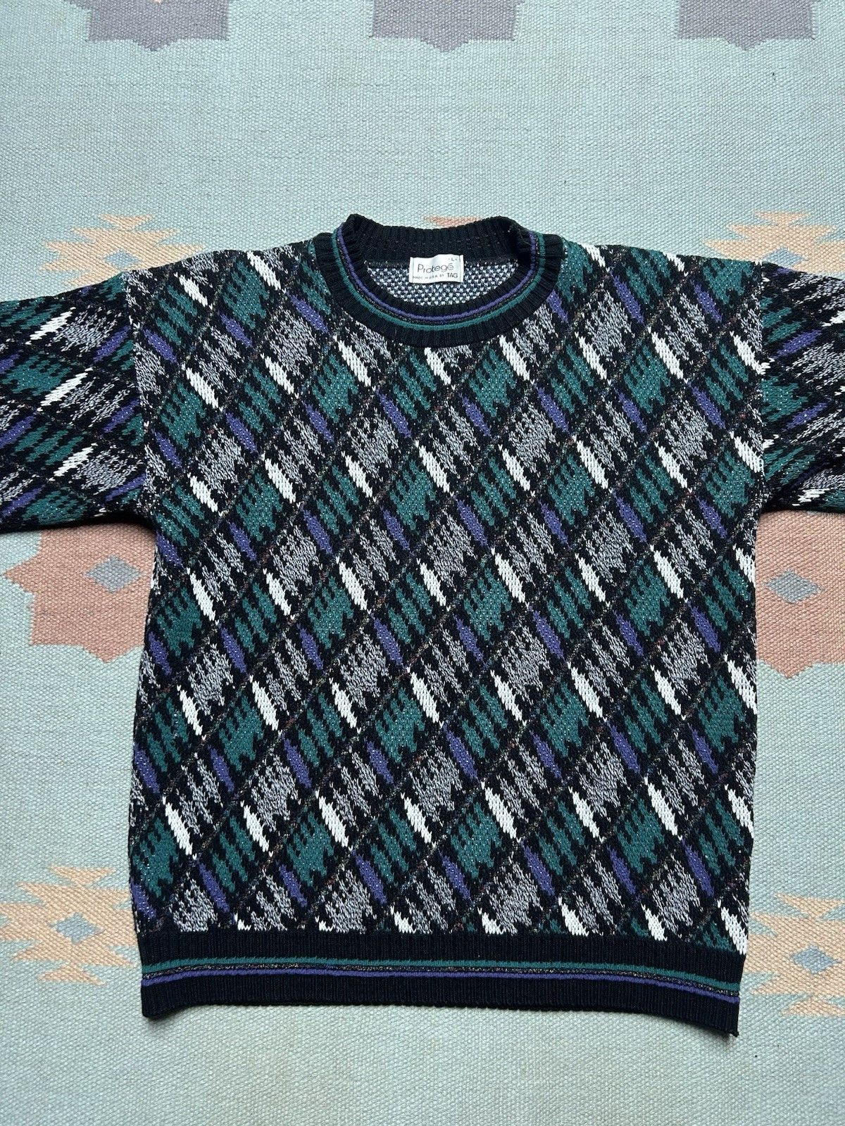 Vintage Acrylic knit sweater protege geometric Cosby grandpa USA L Size US L / EU 52-54 / 3 - 2 Thumbnail