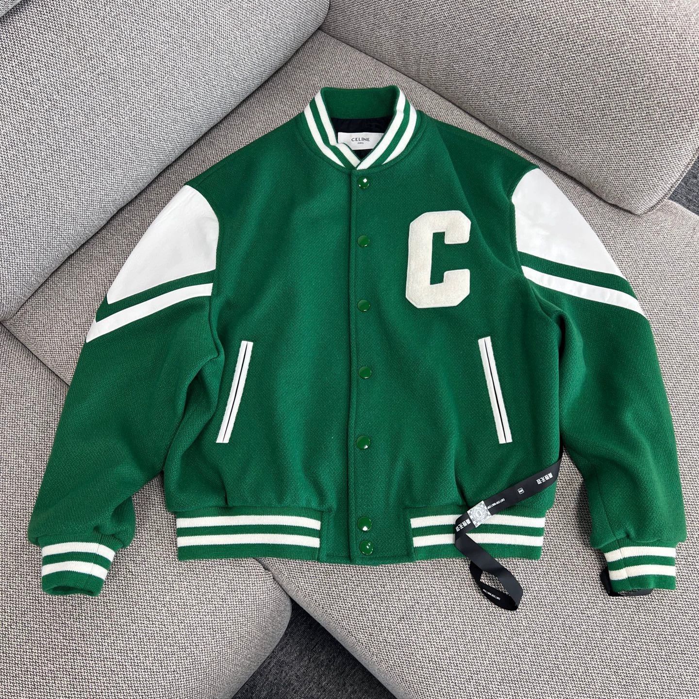 Celine Celine Green Varsity Jacket with Leather Sleeves Size US L / EU 52-54 / 3 - 1 Thumbnail