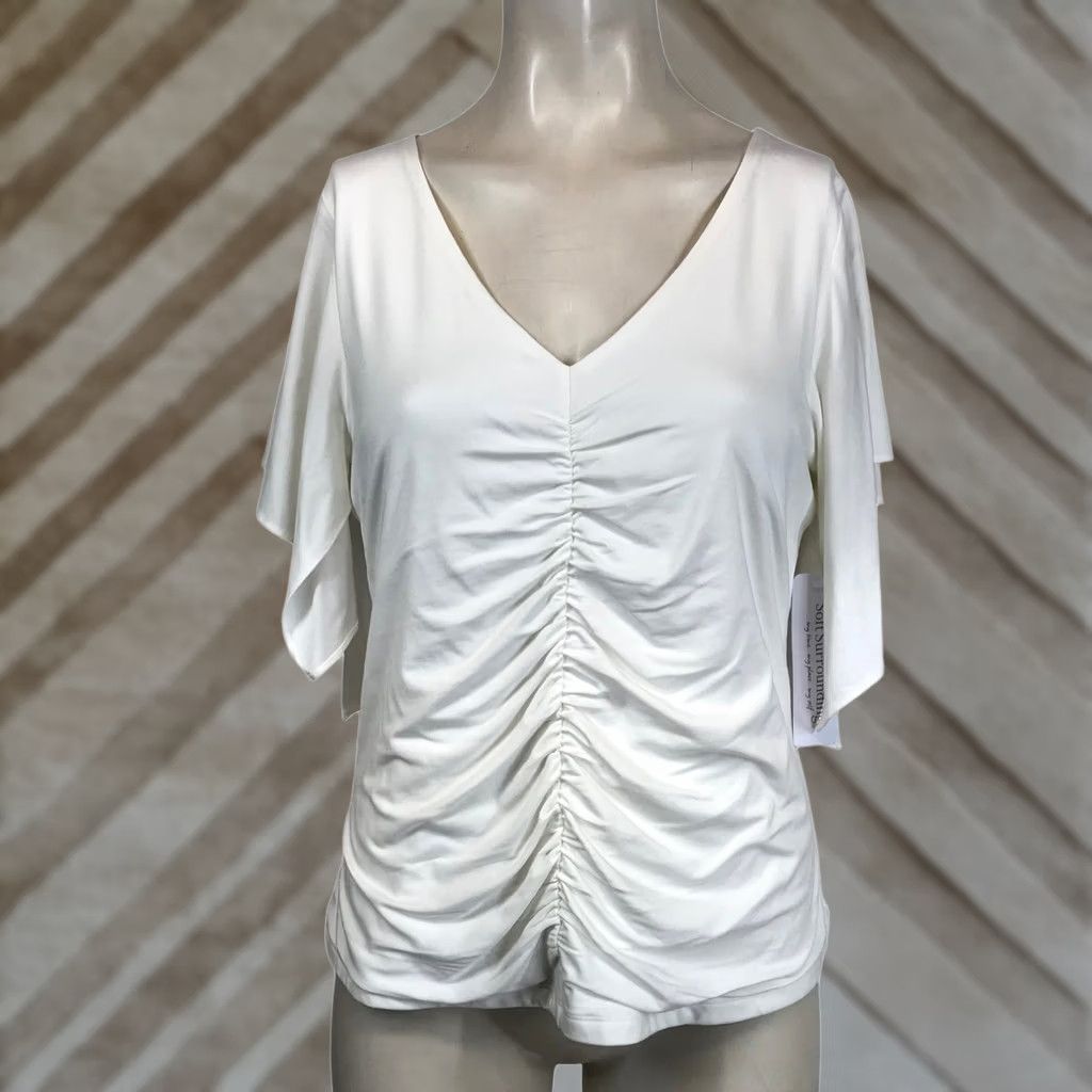 Soft Surroundings Soft Surroundings Leya Ruched Top White V Neck Flutter Sleeve Women's Small Size S / US 4 / IT 40 - 1 Thumbnail