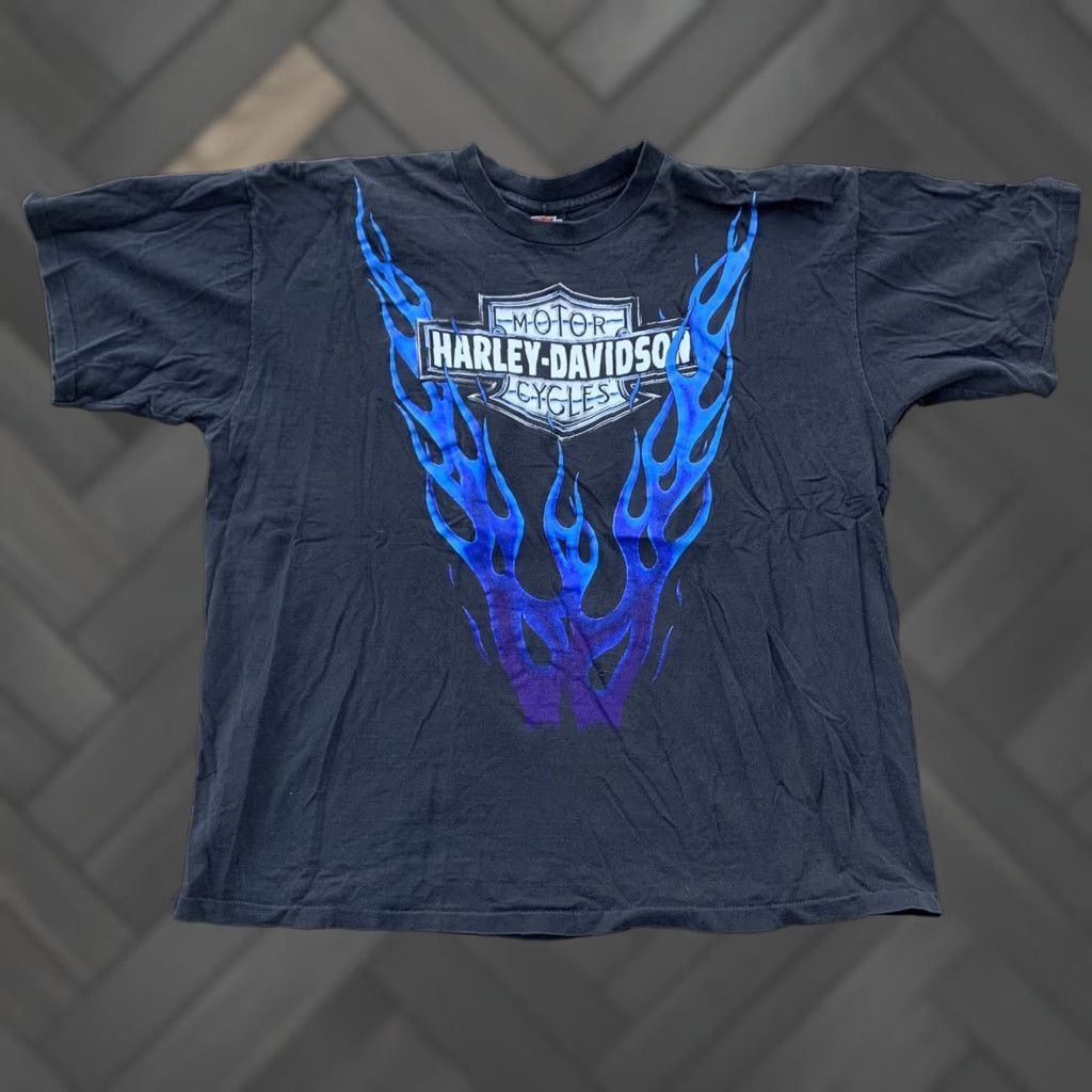 Harley Davidson VINTAGE Harley-Davidson t-shirt Men 3XL Black graphic tee 1993 90th anniversary blue flames USA Stockon (Stockton) XXXL Size US XXL / EU 58 / 5 - 1 Thumbnail