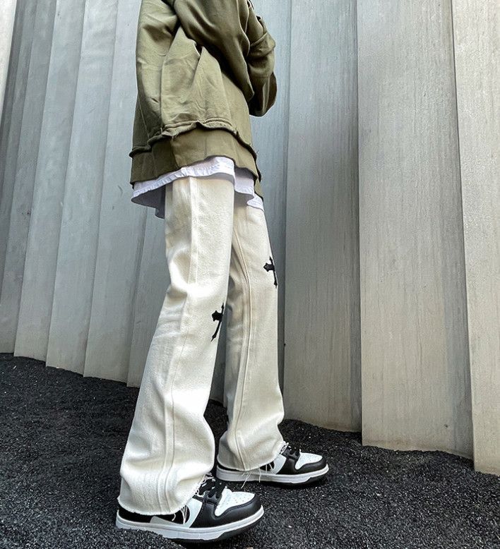 Japanese Brand Men's high street loose straight cross embroidered jeans Size US 32 / EU 48 - 3 Thumbnail