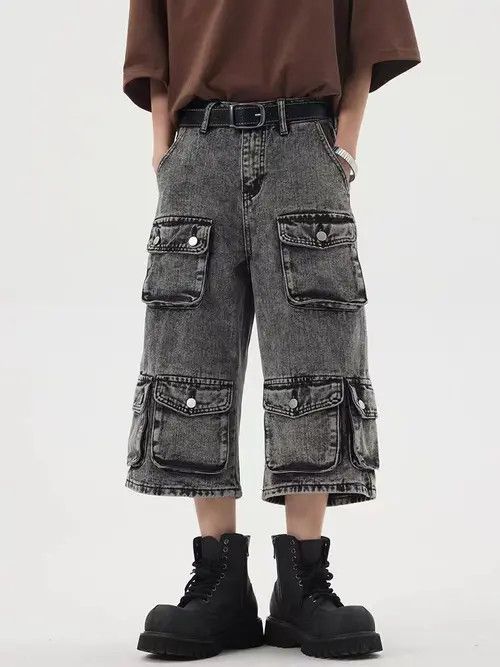 Heavy wash vintage multi-pocket cargo denim shorts