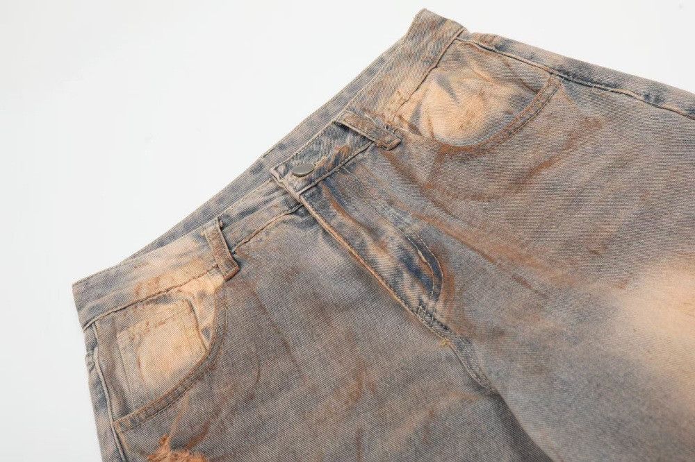 Heavy-duty distressed men's loose washed dirty ripped jeans