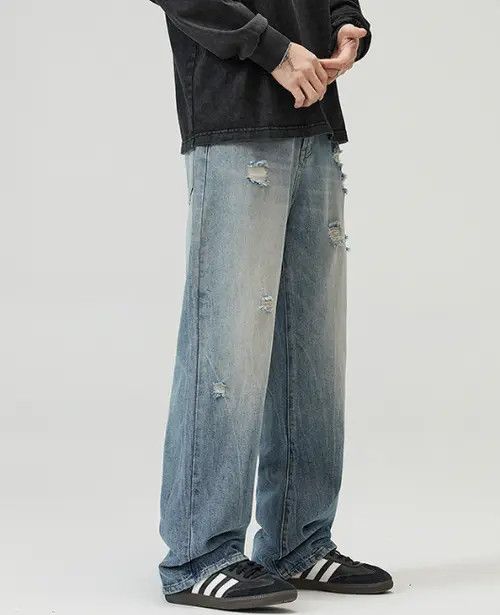 VIBE Men's straight wide-leg vintage washed ripped baggy jeans Size US 32 / EU 48 - 8 Thumbnail