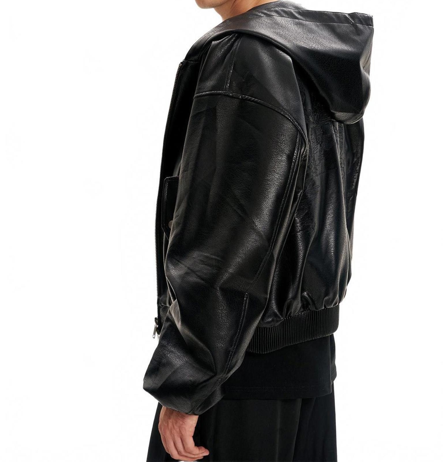 Japanese Brand Black Oversized Leather Hooded Jacket, Men's Outerwear Size US L / EU 52-54 / 3 - 3 Thumbnail