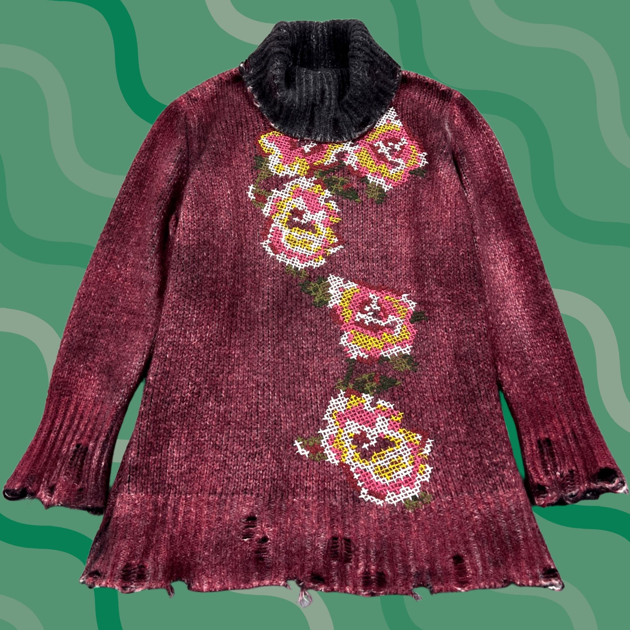 Avant Toi VINTAGE Avant Toi Sweater Womens Small Distressed Turtleneck Rose Embroidery Burnout Size S / US 4 / IT 40 - 1 Thumbnail
