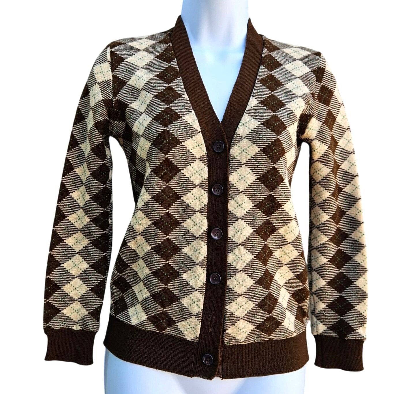 Vintage 1970s Japan Knit Cardigan XS Argyle Brown Cream V-Neck Butto Size XXS / US 00 / IT 34 - 1 Thumbnail