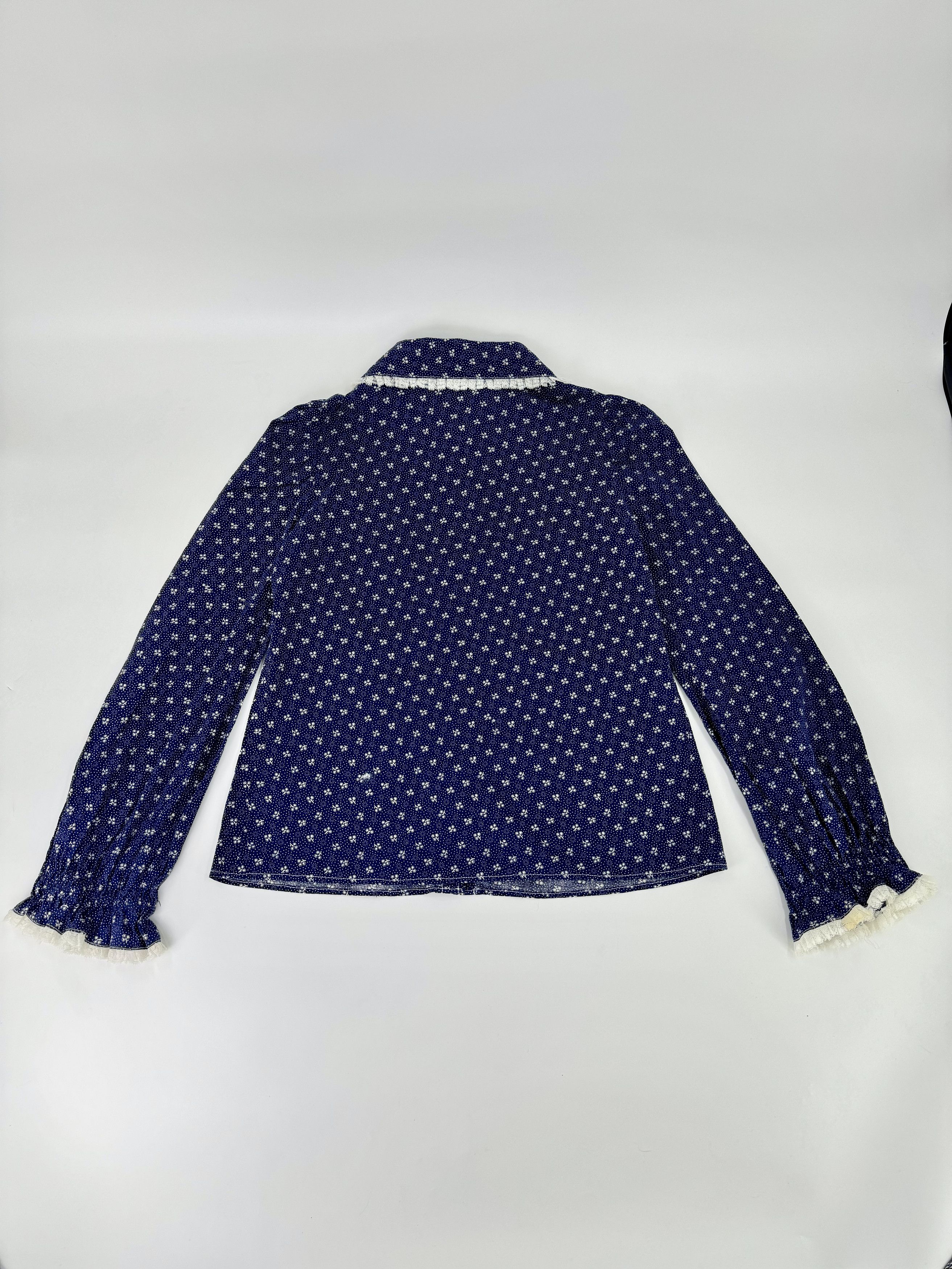 Handmade Handmade Vintage Style Button Up Blouse Blue Calico Small Size S / US 4 / IT 40 - 3 Thumbnail