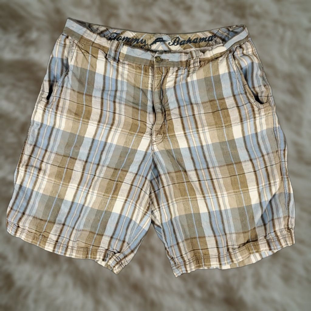 Tommy Bahama VINTAGE Tommy Bahama Men's Shorts Size 33 Linen Plaid Flat Front Chino Casual Summer Blue Size US 33 - 1 Thumbnail