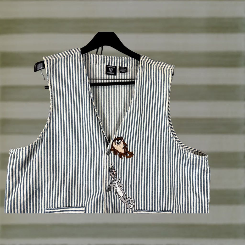 Vintage VINTAGE Warner Bros. Denim Vest Womens 2XL Blue White Striped Taz & Tweety 1996 Size XXL / US 16-18 / IT 52-54 - 1 Thumbnail
