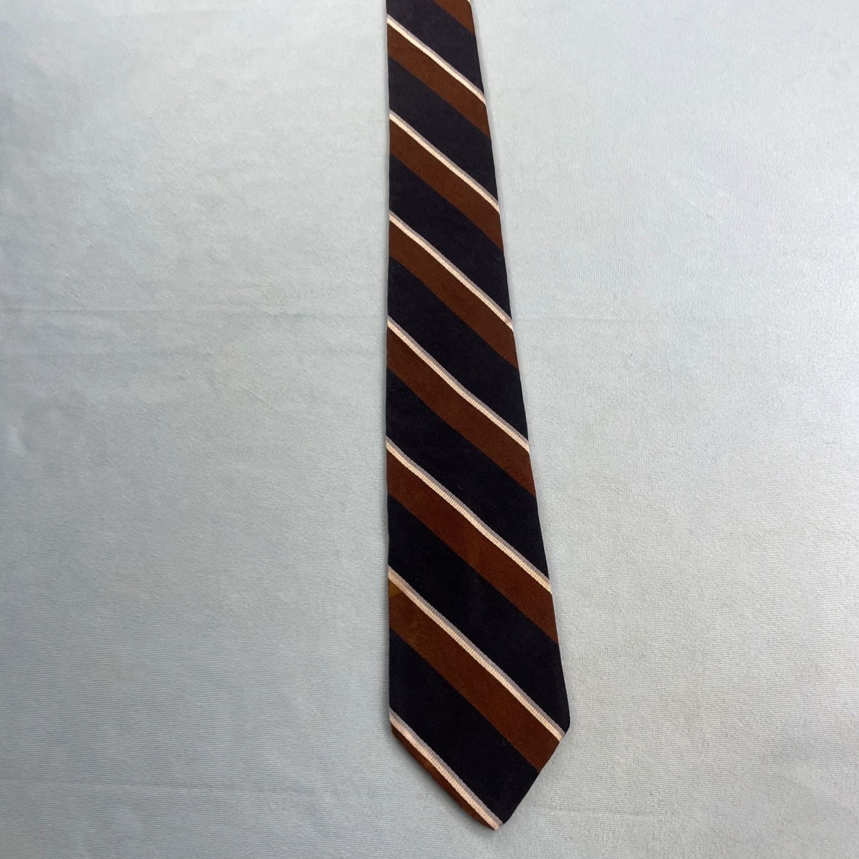 Vintage VINTAGE Pauline Trigère Silk Repp Tie Striped Navy Brown White 60" 3.2" Tie Mens 70s Designer Capstone Capsule Neckwear Size ONE SIZE - 4 Thumbnail