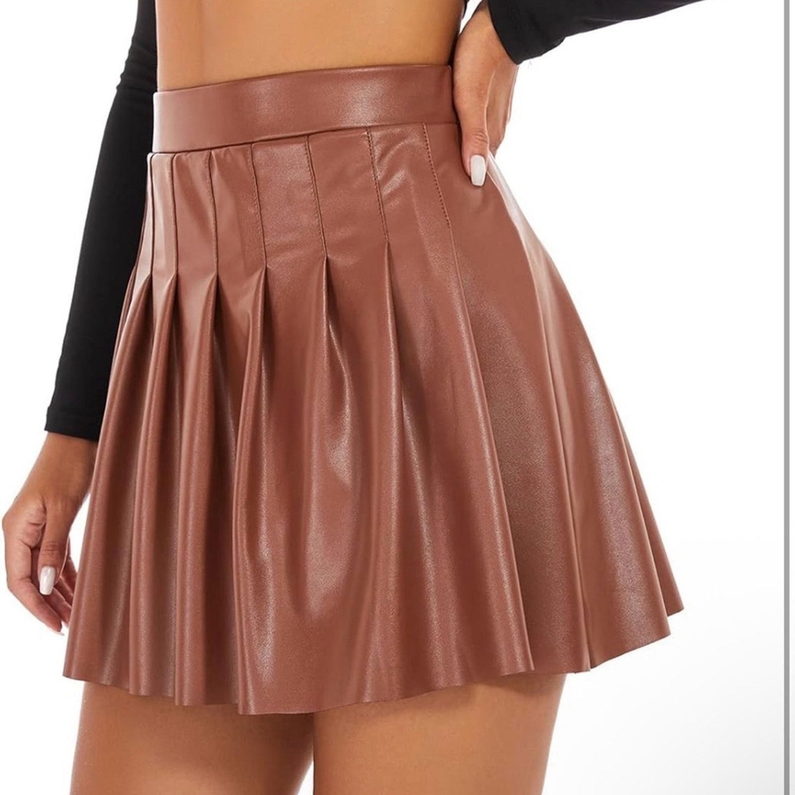 Other New Y2K Camel Brown Vegan Leather Pleated Skirt size S Size 27" / US 4 / IT 40 - 9 Thumbnail