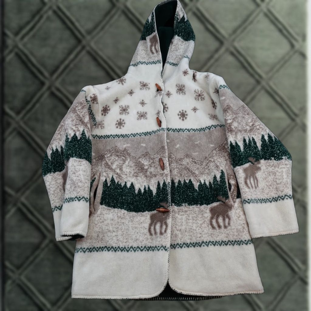 Vintage Denali Coat Womens Medium White Fleece Hooded Toggle Moose Print Lined Parka Button Pocket Swing Size M / US 6-8 / IT 42-44 - 1 Thumbnail