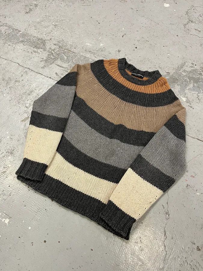Designer × Dolce & Gabbana × Vintage 2000s Dolce & Gabbana Orange Grey Beige Lines Wool Sweater Size US M / EU 48-50 / 2 - 3 Thumbnail