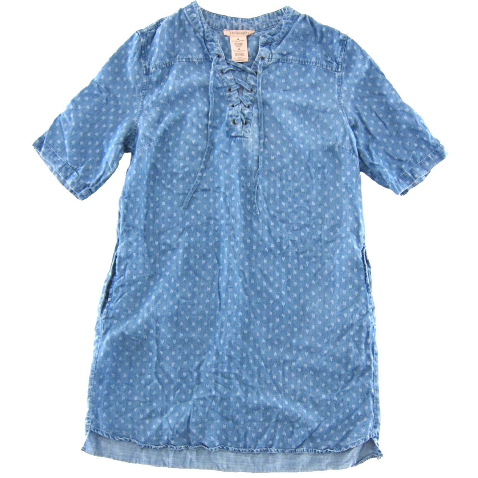 Vintage Philosophy Shirt Dress M Women's 100% Tencel Blue White Denim Pocket Short Sleeve Tunic Shirt Dress M Boho 80s 90s Hippie Boho Pockets Womens Size M / US 6-8 / IT 42-44 - 2 Thumbnail