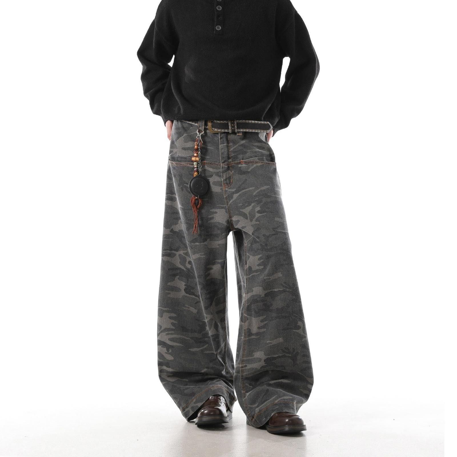 Japanese Brand Gray Camouflage Wide Leg Pants, Baggy Fit Trousers Size US 32 / EU 48 - 4 Thumbnail