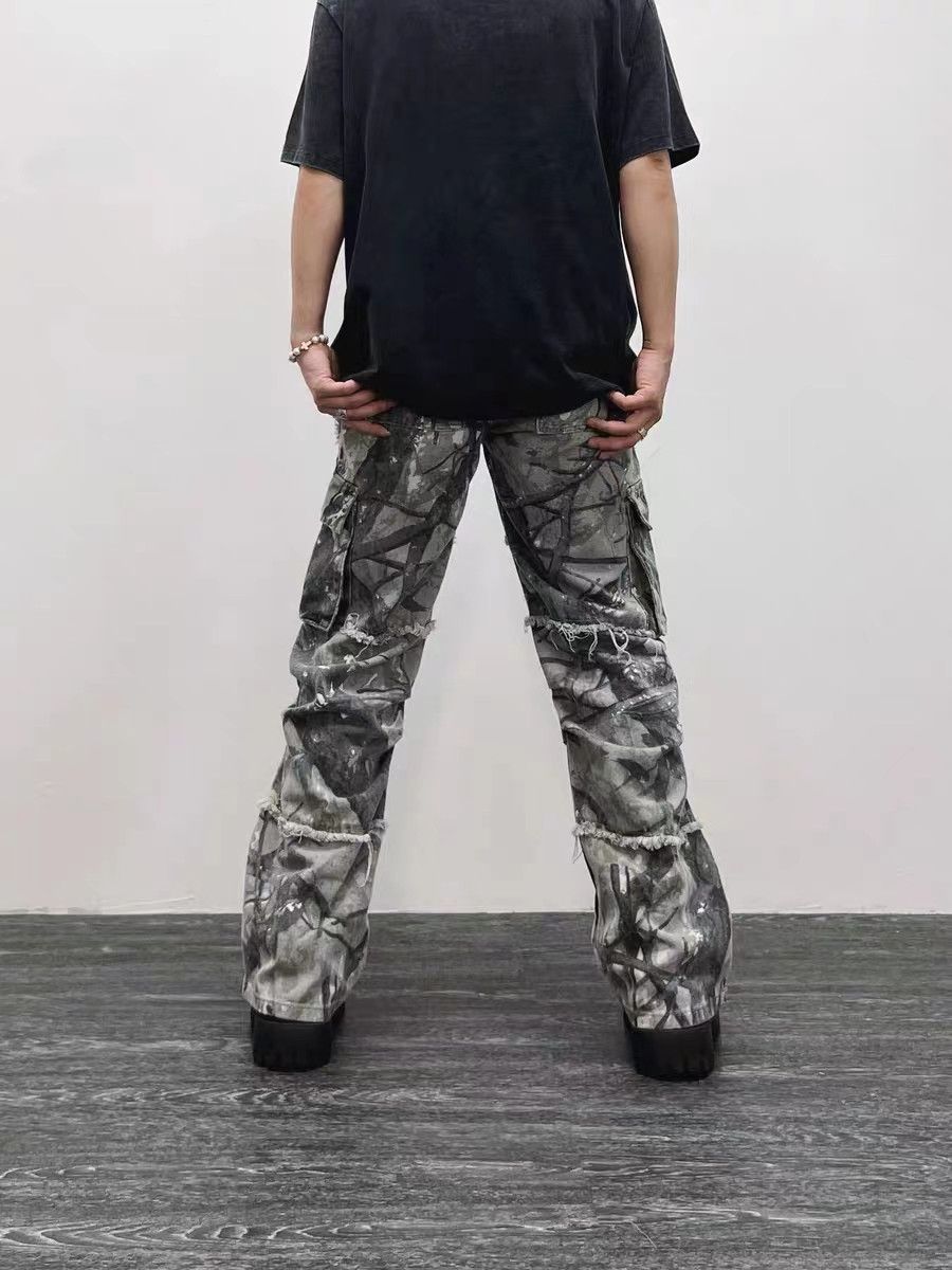 Designer × Vintage Retro camouflage irregular raw edge work jeans Size US 34 / EU 50 - 2 Thumbnail