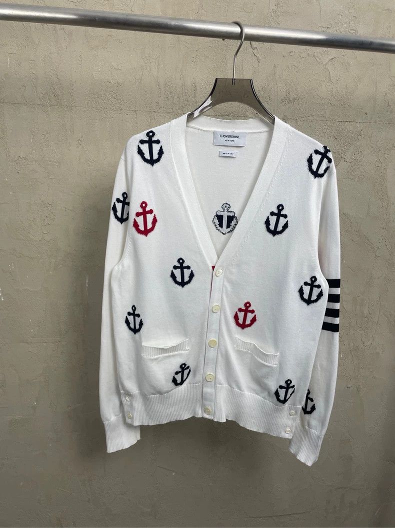 Thom browne White anchor four-striped knitted cardigan jack