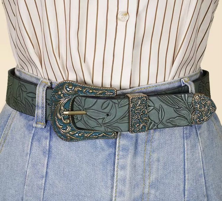 Japanese Brand FLORAL Embossed PU Leather Belt- 110 cm Size 32 - 5 Thumbnail