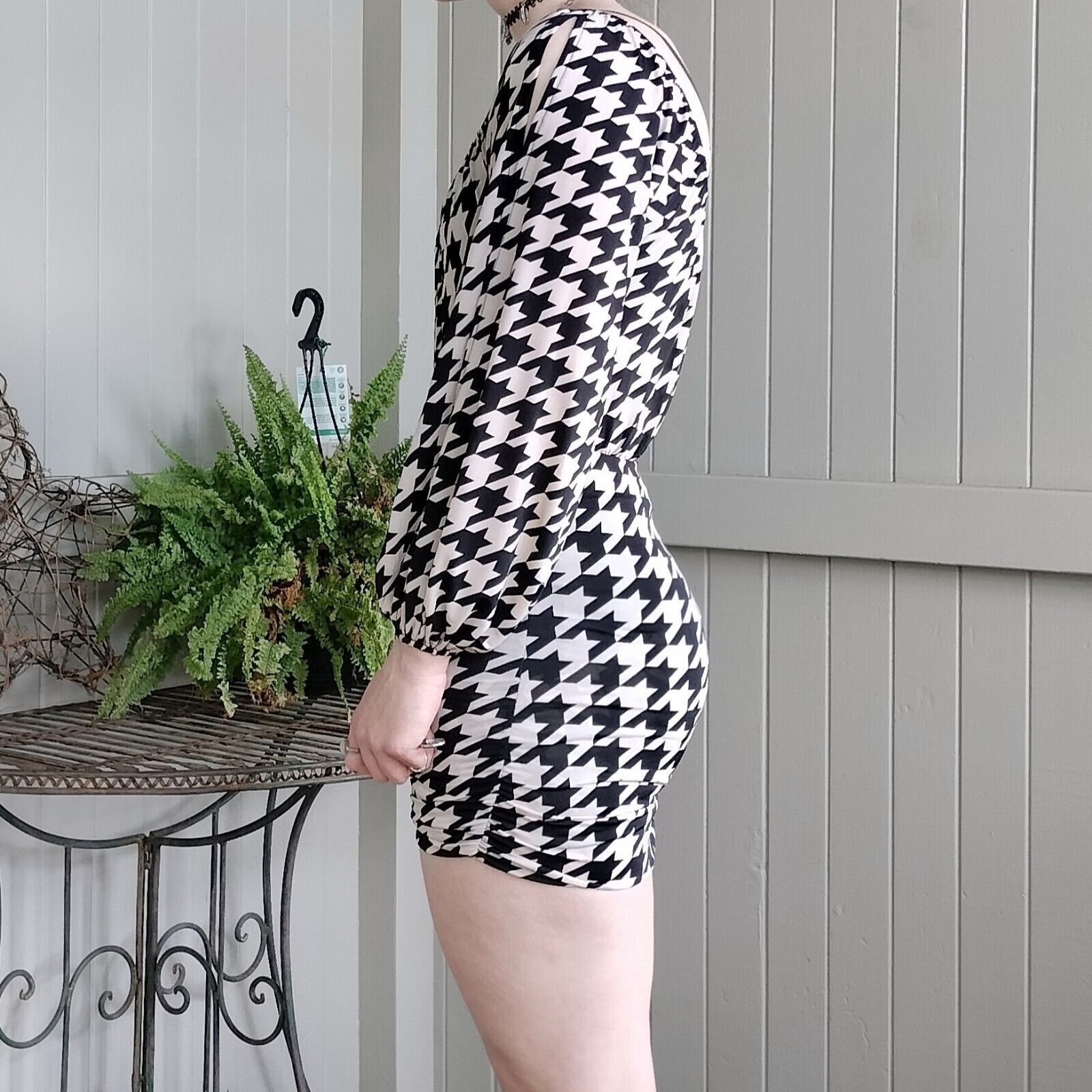 Other Vintage Y2K 2000s Dress Cream Black Mini Bodycon Houndstooth Size M / US 6-8 / IT 42-44 - 4 Thumbnail